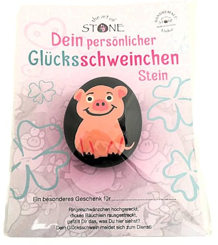 Andys Steinwelt Glücksschweinchen auf Stein ca. 4-5 cm handbemalt – Glücksbringer & Handschmeichler – Glücksschwein als Geschenk zur Prüfung, Geburtstag & Tischdeko – bemalter Stein Unikat