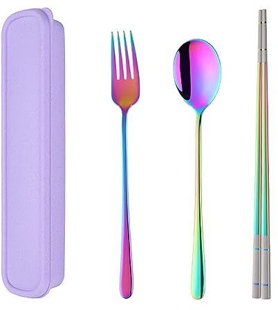 SBOMHS Rostfritt stål bärbart 3-delat bestickset med fodral gaffelsked ätpinnar för 1 camping bestick för skola picknick redskap regnbåge