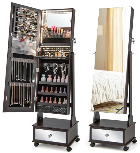 COSTWAY Free Standing Jewellery Cabinet, 3-Color LED Lights Lockable Jewelry Armoire with Full Length Mirror, Storage Drawer and Wheels, Mobile Angle-Adjustable Jewellery Organiser Gift (Coffee)
