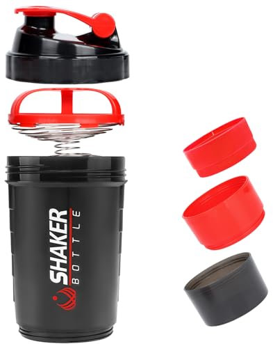 VIGIND Protein Shaker Bottle 500 ml, Sports Water Bottle, Leak-Proof Shake Bottle, Non-Slip 3-Layer Twist-Off 3 oz Cups with Pill Tray - Protein Powder Shake Cup with Storage (Red)