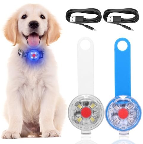 2 Stück LED Hundelicht, USB-wiederaufladbar, 3 Blinkmodi, Blau und Weiß | Leuchtanhänger für Hunde und Katzen mit drei Blinkmodi; wasserdicht und per USB aufladbar, Blau und Weiß