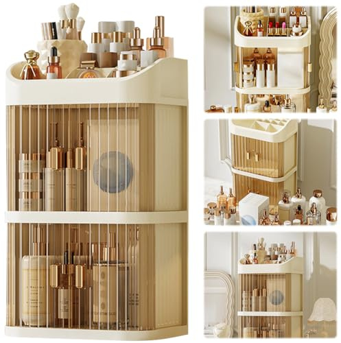 RuiDay Organizzatore Trucco, Vetrina per Cosmetici a 3 Strati, Organizer Trucchi Grande Capacità con Maniglie, Antipolvere e Impermeabile Adatto per Camera da Letto, Toletta, Bagno (Color Crema)
