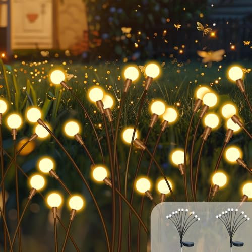 Caldarax 2 Pack Solar Firefly Lights Outdoor Garden, IP65 Waterproof, 10 LED Swaying Solar Garden Firefly Lights, Energy Saving Light Outdoor Decorative for Path Fence Yard Patio Pathway(Warm White)