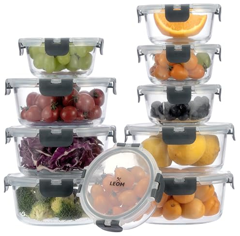 LEOM Glass Food Storage Containers Set With Airtight Lids - Meal Prep Containers - Reusable Lunch Box, Dishwasher Microwave Freezer Oven Safe (10, Circular)