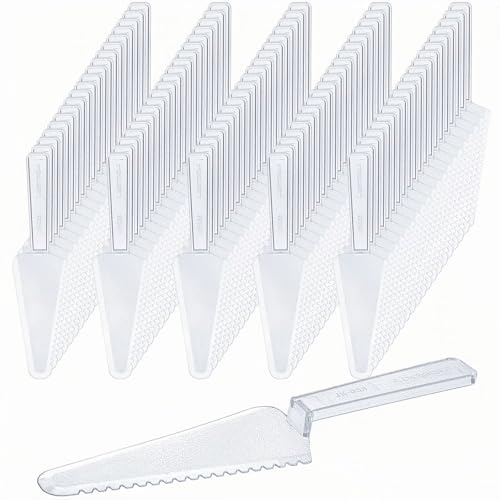 Tosnail 100 Pack Disposable Plastic Cake Cutter, 9 Inch Heavy Duty Cake Servers, Clear Plastic Cake Cutting Knife, Pie Spatula, Pizza Slicer Bulk for Wedding, Party, Cake Shop, Pizza Shop, Bakery