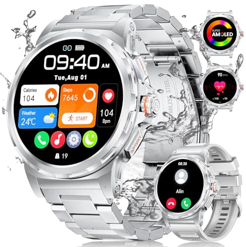 Smartwatch Herren mit Telefonfunktion,1.43 AMOLED Fitnessuhr mit 130 Sport Modi für Android iOS,