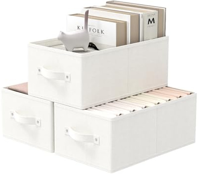 GUOHNHE Scatole Portaoggetti, Set da 3 Ceste per Armadio, Cubi Contenitori Salvaspazio con 2 Manici, Wardrobe Organizer Non Tessuto, 33 x 23 x 14 cm, Bianco, XSNY11WS-3
