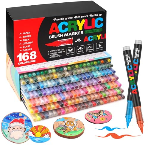 Laconile 168 Farben Acrylstifte für Steine Wasserfest, Brush Tip Acrylic Pens Set, Schnelltrocknend und Ungiftig, Ideal Acrylstifte zum Bemalen für Steinen, Glas, Keramik, Holz, Metall