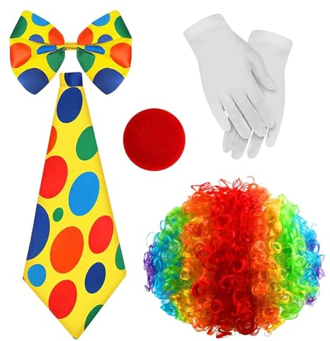 TERJBG 5 Stück Clown Kostüm Set, mit Perücke, Nase, Bunte Fliege, Krawatte und Handschuhen, Bunt und Lustig, Karneval Kostüm Kinder und Damen/Herren, für Karneval und Fasching, Unisex