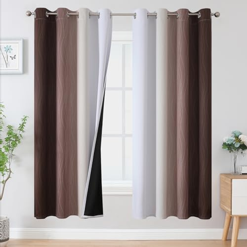 VEHEDE Cortinas opacas para dormitorio, 183 x 132 cm, color marrón y blanco, degradado degradado de color, 183 x 132 cm de alto, térmicas, protección contra el frío, aislamiento acústico