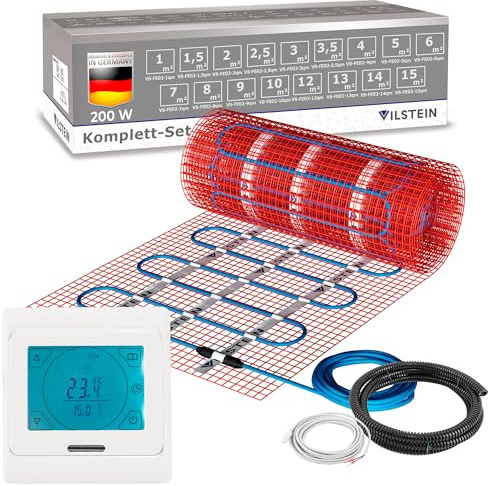 VILSTEIN Elektrische Fußbodenheizung 200W/m² – IP67 Turbo-Heizmatte | geeignet für Fliesenboden, Laminat & mehr, Twin Technologie, 4mm dünn, Touchscreen-Thermostat 16A, Komplettset 6m²
