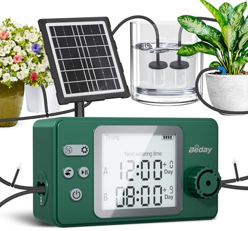 Solar Powered Dual Pump Drip Irrigation Kit for Outdoor Indoor Plants, 2-Zone Smart Self-Watering System with USB Charging, Automatic Plant Waterer for Garden Patio Balcony Vacation