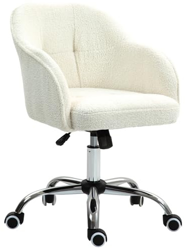 HOMCOM Chaise de Bureau, Fauteuil de Bureau Ergonomique en Peluche Teddy, Hauteur réglable, Assise et Dossier rembourrés, pivotant 360°, Design Moderne, pour Bureau, Chambre, crème