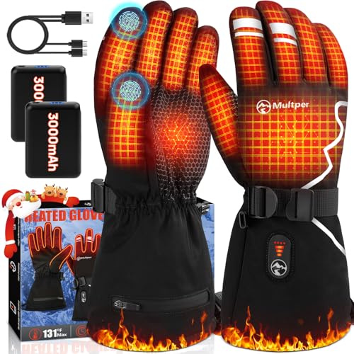 Beheizbare Handschuhe für Herren Damen,Multper Elektrische Beheizte Handschuhe Wärmefunktion mit USB Aufladbare Akku 3000mAhx2,3-Stufigem,wasserdichte Touchscreen für Wandern,Radfahren,Skifahren - L
