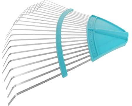 FONDOTIN Rastrillo De Hojas Resistente De 22 Dientes Azul para Jardín y Césped, Cabezal De Plástico y Acero, Herramienta Manual para Limpieza De Áreas Verdes y Césped Artificial