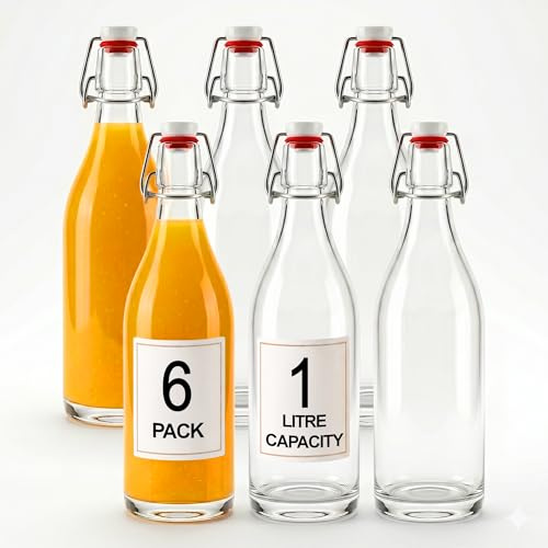 Chabrias Ltd 6 Pack - 1L Swing Top Glass Bottles, 1000ml Airtight Flip Top with Silicone Seal, Reusable Clear Bottles for Kombucha, Oil, Vinegar, Cordial, Home Brewing & Kitchen Storage Set