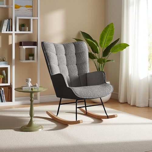 Poeahu Fauteuil à Bascule, Chaise a Bascule Allaitement avec Accoudoirs et Pieds en Bois, Rocking Chair Interieur en Velours Teddy pour Chambre et Salon, Dossier à Carreaux, 68x75x92 cm (Gris Foncé)