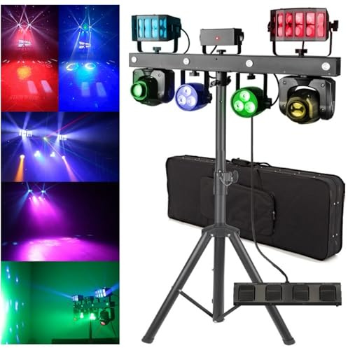IMRELAX DJ Gig Bar 5-in-1 Lighting System W/LED Moving Heads/Derbies/Pars/Strobe Lights/Stand/Foot Controller Portable Stage Lights for DJs Setup