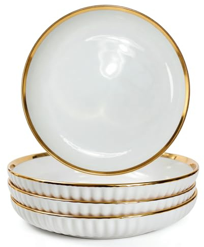 4er Set weiße Keramikteller mit Goldrand,21 cm,Dessertteller Frühstücksteller Steakteller Vorspeisenteller, Runde Teller mit Rillenstruktur für Kuchen, Salat, Pasta, Sushi, Snacks, Buffet und Brunch