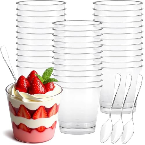 50 Stück Desserttassen Set mit 50 Stück Löffeln, 200ml Dessert Becher | Transparenten Dessertgläser, Wiederverwendbar Kreis Desserttassen, leicht zu reinigen, universal Becher