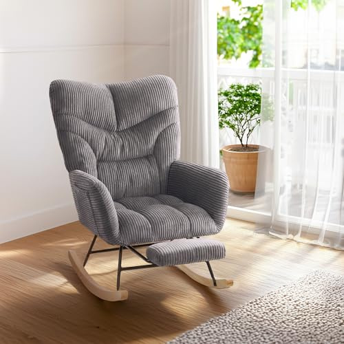 FLEXISPOT Rocking Chair with High Backrest & Armrests - Modern Swing Chair with Wooden Skids, Padded Recliner Chair for Living Room & Bedroom, Maximum Load 120 kg, Grey