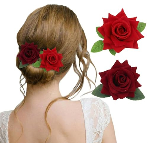 RVYEIOP 2 Pezzi Fiori per Capelli Donna Elegante, Fermagli a Molletta con Rose Artificiali (Rosso e Rosso Scuro), Accessori Capelli per Matrimonio, Sposa, Festa e Spiaggia, Diametro 9.5cm