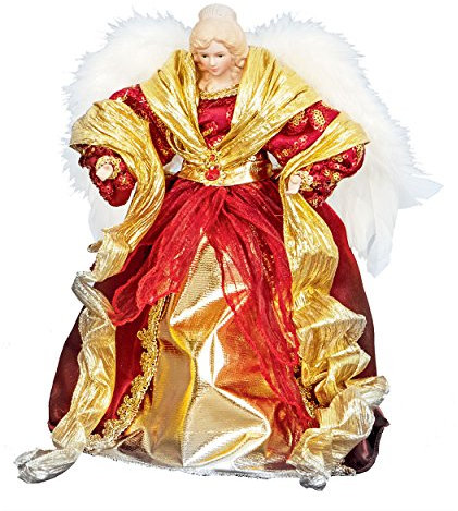 Décoration traditionnelle pour le sommet du sapin - En forme d'ange doré et rouge avec des ailes en plumes - 30 cm