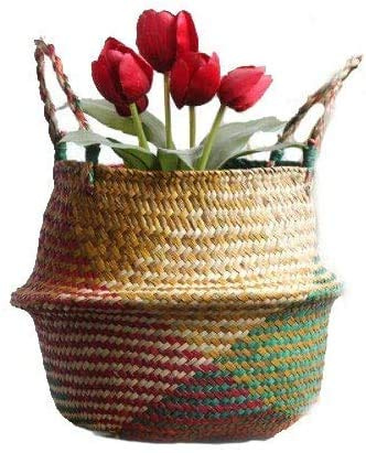 Natural Seagrass Basket - BESTCHANCEUS Seagrass Belly Basket with Handles Handmade Foldable Tote for Storage,Laundry, Picnic, Plant Pot Cover, and Beach Bag Colorful 29x26CM