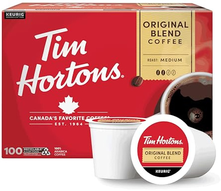 Tim Hortons Original Blend, Medium Roast Coffee, Single-Serve K-Cup Pods Compatible with Keurig Brewers, 100ct K-Cups