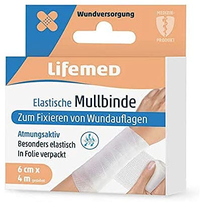 Lifemed - Elastische Mullbinde 4 m x 6 cm weiss, besonders elastisch - im preisgünstigen und praktischen 4er Pack