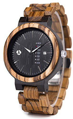 Kim Johanson Herren Holz-Edelstahl Armbanduhr *Dark Week* mit Datum- & Tagesanzeige Handgefertigt Quarz Analog Uhr inkl. Geschenkbox