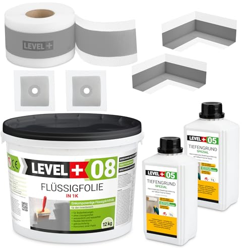 SET56 Dichtset Duschabdichtung Bad 12 Kg Flüssigfolie, 2L Tiefengrund, 2 Innenecken, 2 Wandmanschetten, 10m Dichtband