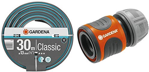 Gardena Classic Schlauch 13 mm (1/2 Zoll), 30 m & Schlauchverbinder 13 mm (1/2 Zoll) und 15 mm (5/8 Zoll): Steckverbinder für den Schlauchanfang, Griffmulden, einfache Montage, verpackt (18215-20)