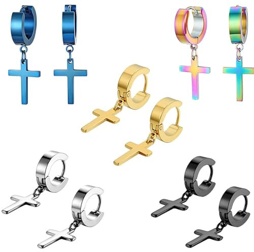 5 Pairs Cross Hoop Earrings in Black, Gold, Blue, Silver - Stainless Steel, Unisex - Perfect for Birthday, Anniversary, Party, Night Club, Easter