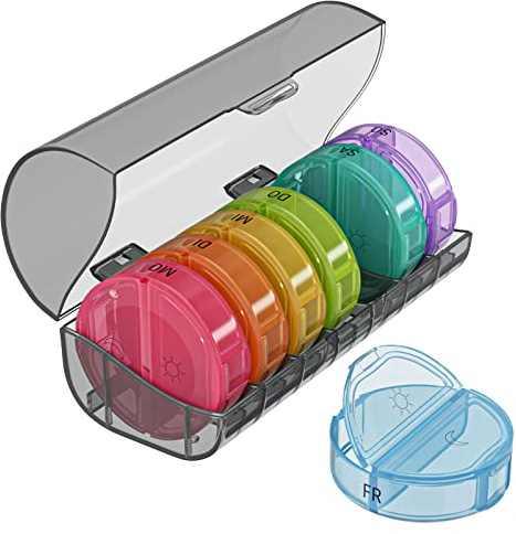 WELLGRO runde Tablettenbox für 7 Tage - Pillendose bunt 2 Fächer pro Tag - Klappdeckel mit Druckverschluss - BPA-freier Kunststoff - Farbe wählbar, Farbe:Schwarz
