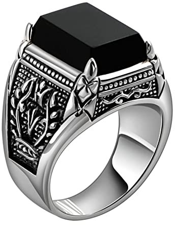 Ayoiow Ringe für Herren Silber 925, Siegelring mit Gravur Retro Schwarz Achat Ring mit Filigran Ring Größe 63 (20.1)