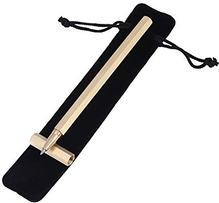 Six Edge Solid Brass Pen, Metal Heavy Gold Hexagonal Ink Signature Pen Ballpoint Pocket Pen Anti Roll with Pen Bag for Men Students Teachers Businessman