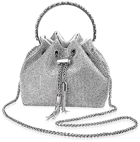 CIOUYAOS Handbag Shoulder Bag, Silver Clutch Bag for Women, Fashion Rhinestone Bucket Evening Bag for Wedding Formal Evening Prom Party Club