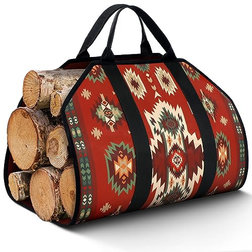 Barydat Large Firewood Carrier with Handles 39 x 18 Inches Canvas Firewood Log Carrier Bag Heavy Duty Wood Holder for Fireplace Campfire Camping Wood Stove Accessories(Aztec Styles)