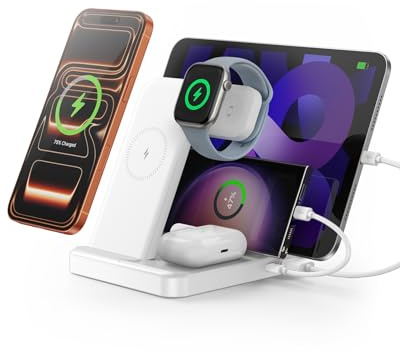Intoval 5-in-1 Ladestation, kompatibel mit iPhones 17/17 Pro/17 Pro Max, iPad Pro/Air/Mini, Apple Watch 11/Ultra 3/Ultra 2/Ultra/10/9/8/7/6/SE, kabellose Ladestation für mehrere Geräte (G805, Weiß)