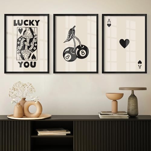Heiple Framed Set of 3 Poker Wall Art Lucky You Poster, Trendy Retro Print Wall Decor for Queen of Hearts Wall Art Rustic Vintage Farmhouse Home Wall Decor（Black 12x16）
