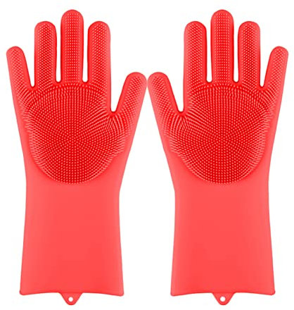 DUnLap Cleaning Gloves Magic Silicone Dishwashing Gloves Scrubber Dish Washing Sponge Rubber Scrub Gloves Kitchen Cleaning Tools 1 Pair Soft Eco Friendly Cleaning Gloves(Red)