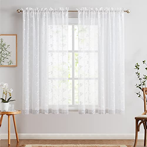 TOPICK Weiß Sheer Vorhänge 2er H 145 x B 140 (cm) Set für Wohnzimmer Bestickte Voile Fenster Vorhänge mit Floral Design lichtdurchlässig Gardinen für Schlafzimmer Fenster