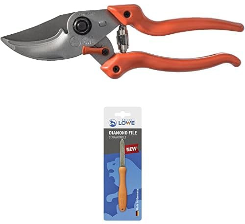 Original LÖWE Set bestehend aus Bypass Gartenschere 9.104 zum Schneiden von Pflanzen, Rosen oder Schnittblumen & Diamantfeile 0023 für Scheren, Äxte und Werkzeuge
