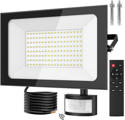 papasbox 150W LED-strålkastare med utomhusljussensor rörelsedetektor | Utomhusspotlight med fjärrkontroll | IP66 vattentät reflektor kallvit 6 500K för trädgård garage