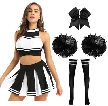 MSemis Cheer-Leader Kostüm Damen 4-teiliger Cheerleading Tanzen Uniform Set Crop Top +Faltenrock + Pompons+Haarband +Socken für Karneval Kostüm Schwarz A XL