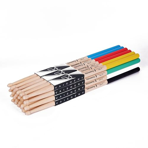 Drumsticks, Schlagzeug Sticks 5A mit rutschfestem Gummigriff, 12 Paar | Leichte Ahorn Drumsticks für Schlagzeug. Klassische 5A Größe mit rutschfestem Gummigriff für Anfänger und tägliches Üben.