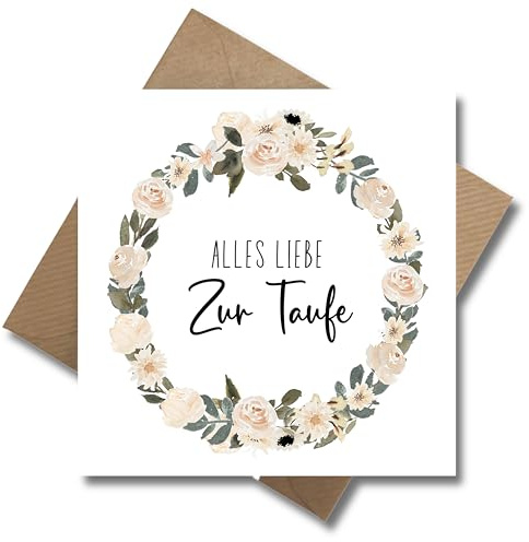 WBdesignz süße Taufkarte mit Umschlag - Alles Liebe zur Taufe - Taufgeschenk mit Blumenkranz Design - Florale Glückwunsch Karte - Täufling Taufpaten Mädchen Junge (125 x 125 mm)