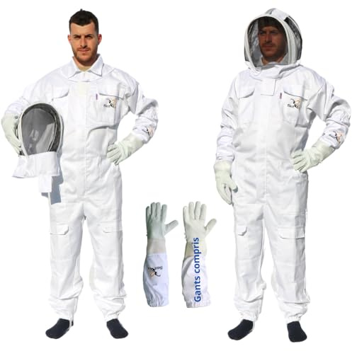 Best Bee Combinaison Apiculteur en Tissu Épais et Coton de haute qualité, Fermeture Éclair robuste, Gants en Cuir, Capuche Amovible, Poches Pour Outils - Tenue Apiculture anti guêpes & abeilles S