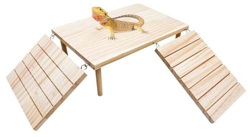 Oooct Reptilienplattform Holz Reptilienhöhle Versteck mit Kletterrampe, Aquarien & Terrarien Zubehör für Bartagamen, Leopard, Gecko, Eidechse, Schildkröte, Hamster